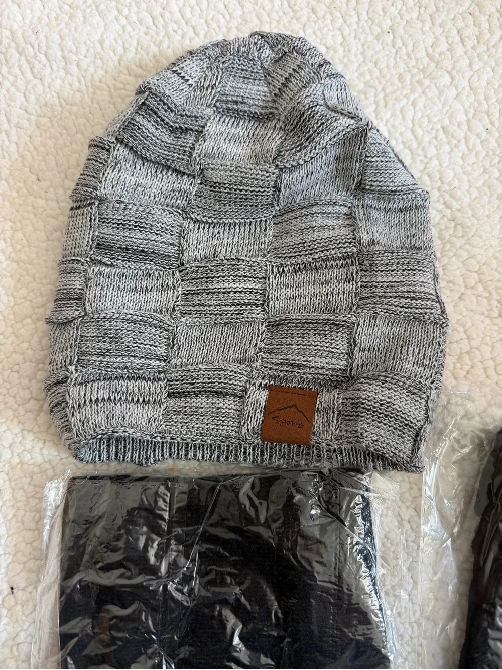 Gray Knit Beanie with Black Socks & Gloves Set - Casual Winter Trio